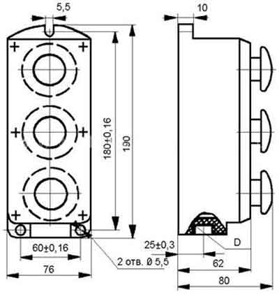 Габаритные размеры поста управления кнопочный ПКЕ-212-3